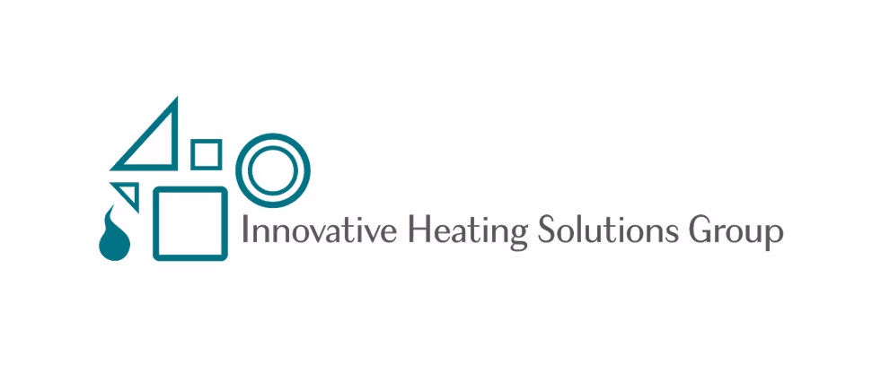 Logo met groenblauwe geometrische vormen - een driehoek, cirkel, vierkant en een druppel - gevolgd door de tekst Innovative Heating Solutions Group in een grijs lettertype op een witte achtergrond, die de expertise in haardaccessoires weerspiegelt.