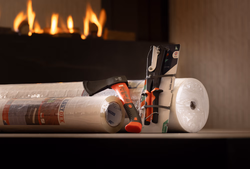 Twee grote rollen plastic folie, een rol doorzichtige tape, een hobbymes, een verfkrabber en een bijl - perfecte haardaccessoires - liggen op een tafel met een brandende open haard op de vage achtergrond.