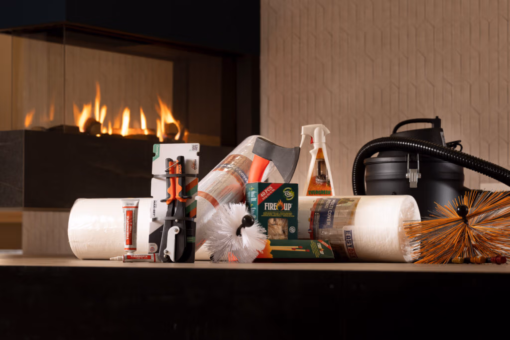 Verschillende schoorsteenreinigingsproducten, waaronder borstels, haardblokken, een stofzuiger, een spuitfles en schoonmaakgereedschap uit een haardaccessoires groothandel staan uitgestald op een oppervlak voor een modern verlichte open haard.
