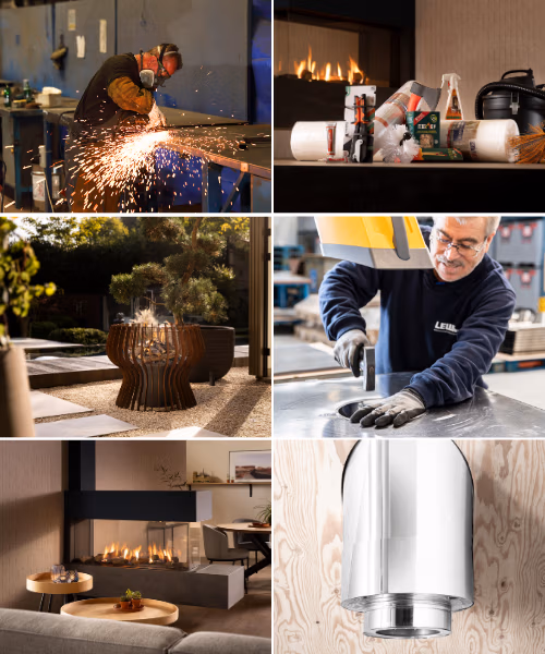 Een collage met metaalbewerking met vonken, haardinstallatiegereedschap, een moderne buitenhaard, een man die metaal opmeet, een gezellige binnenhaard en een close-up van een metalen pijp die op hout past - perfecte inspiratie voordat je gaat bestellen.